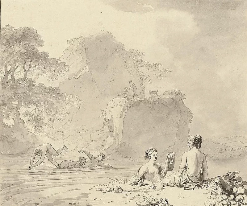 Ninfe che fanno il bagno in un paesaggio boscoso roccioso